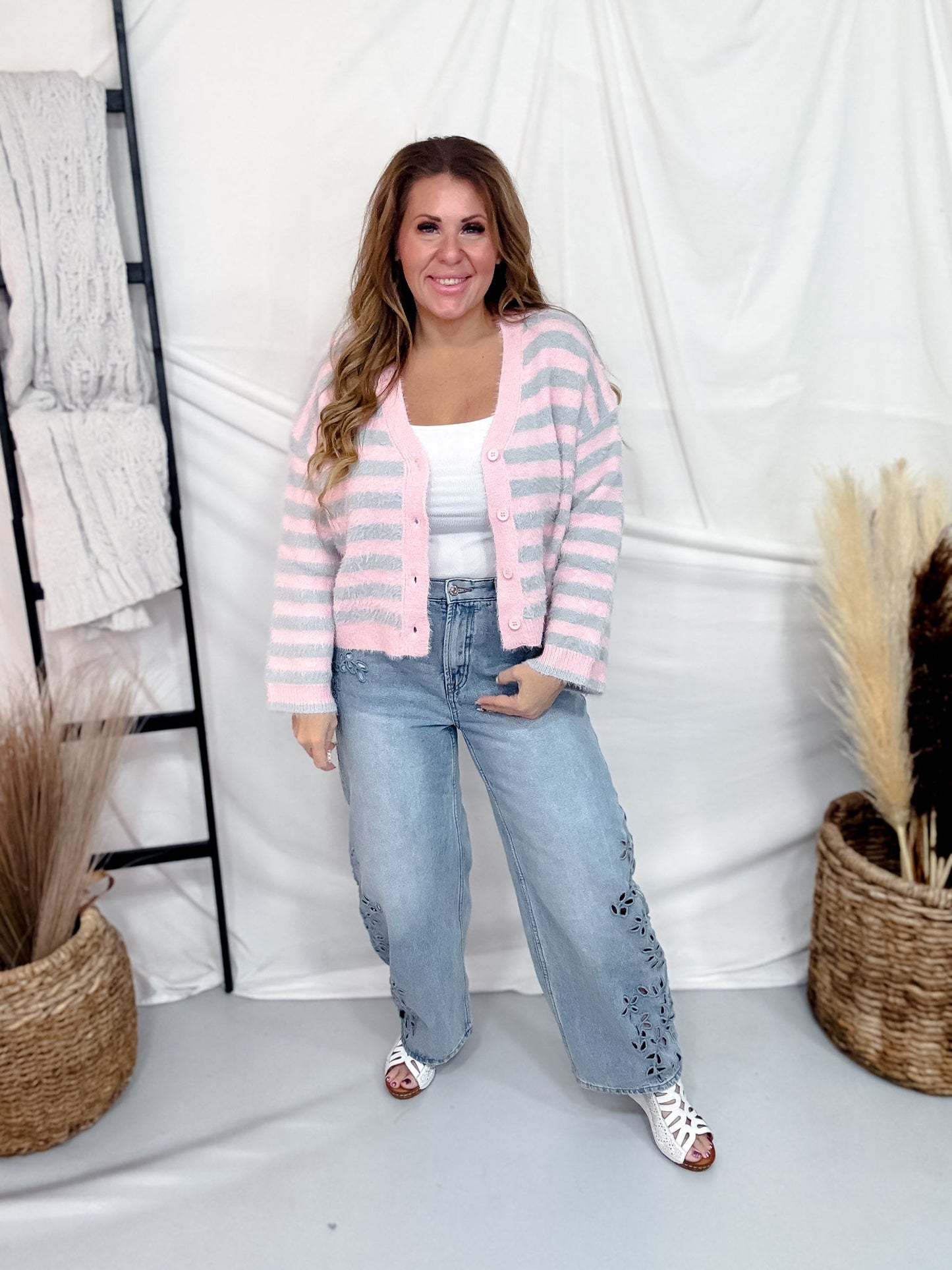 Pink & Grey Long Sleeve Button Down Striped Sweater - Whiskey Skies - DAVI & DANI