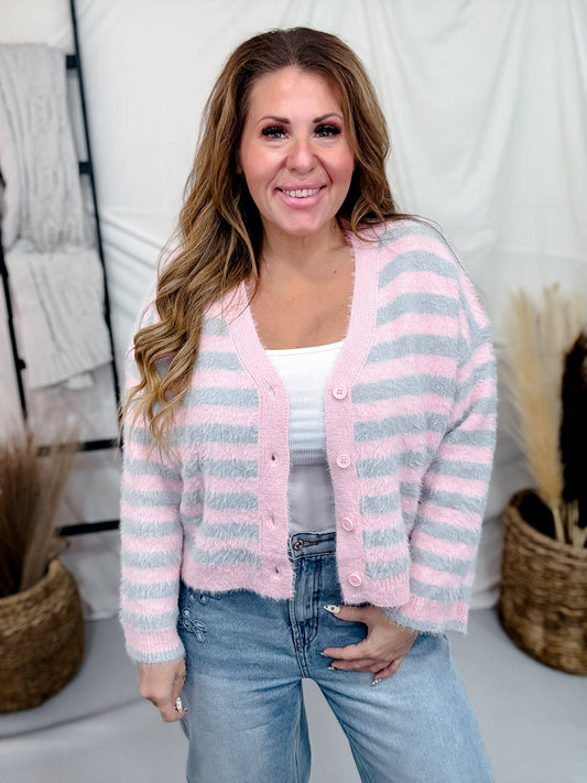 Pink & Grey Long Sleeve Button Down Striped Sweater - Whiskey Skies - DAVI & DANI