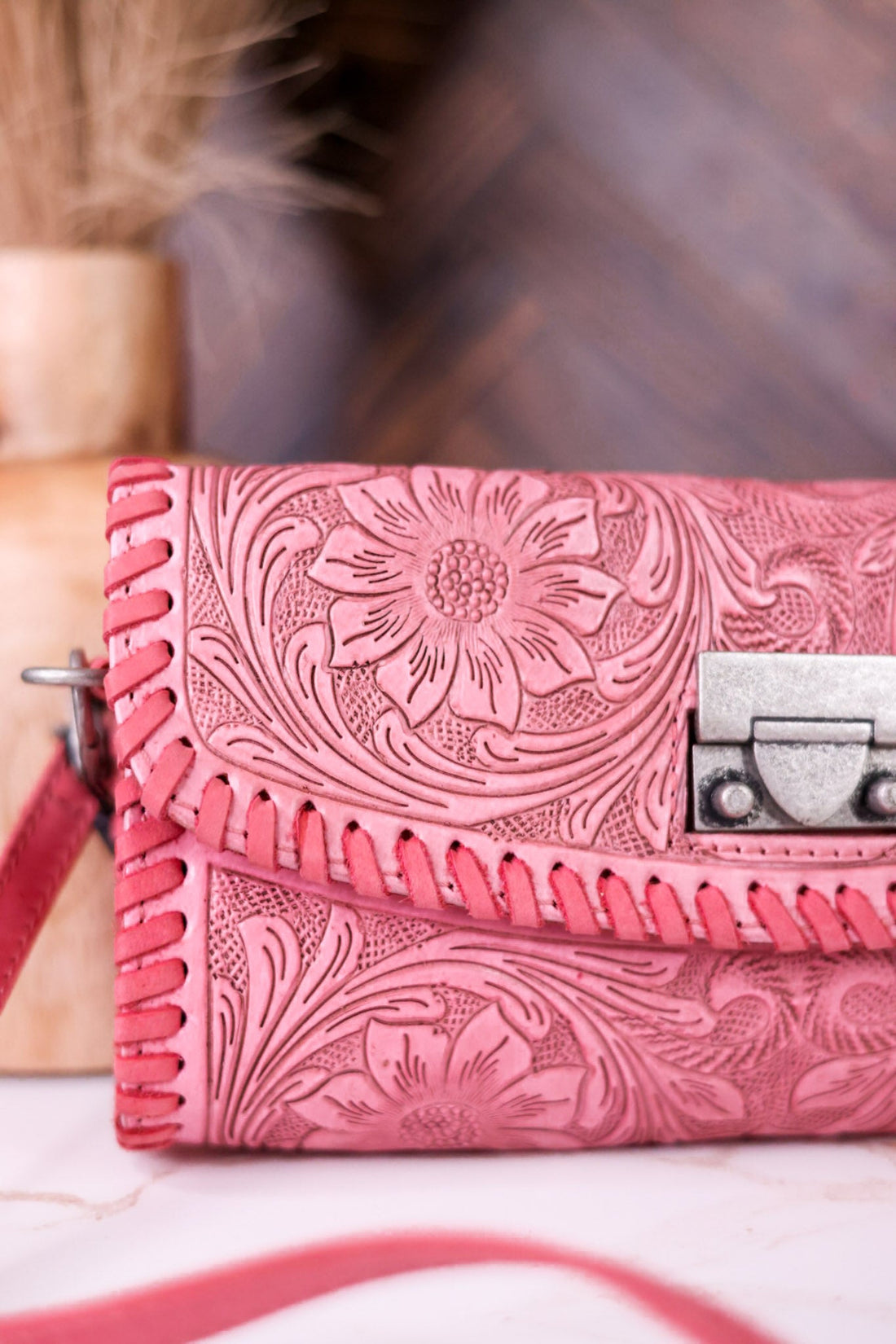 Pink Hand Tooled Leather & Calfskin Elena Mini Bag - Whiskey Skies - LOYAL WEST