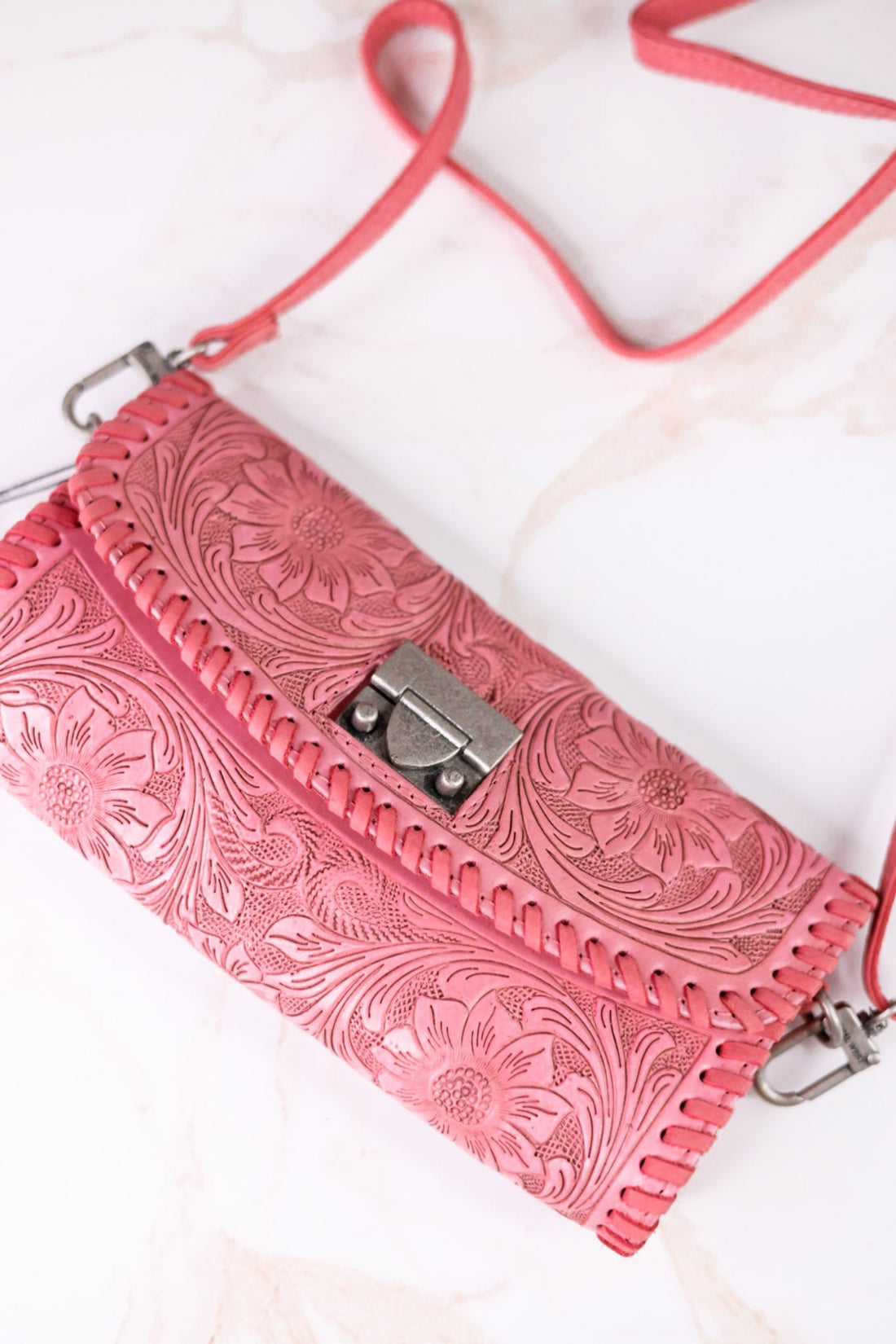 Pink Hand Tooled Leather & Calfskin Elena Mini Bag - Whiskey Skies - LOYAL WEST
