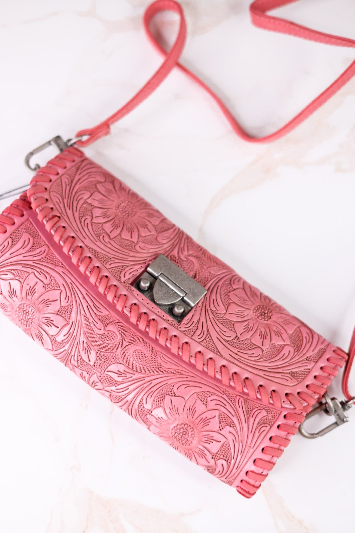 Pink Hand Tooled Leather & Calfskin Elena Mini Bag - Whiskey Skies - LOYAL WEST