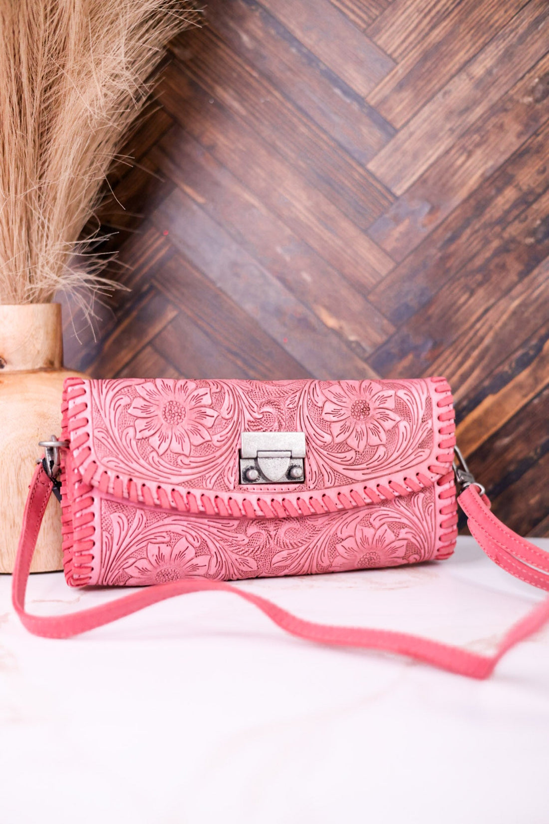 Pink Hand Tooled Leather & Calfskin Elena Mini Bag - Whiskey Skies - LOYAL WEST