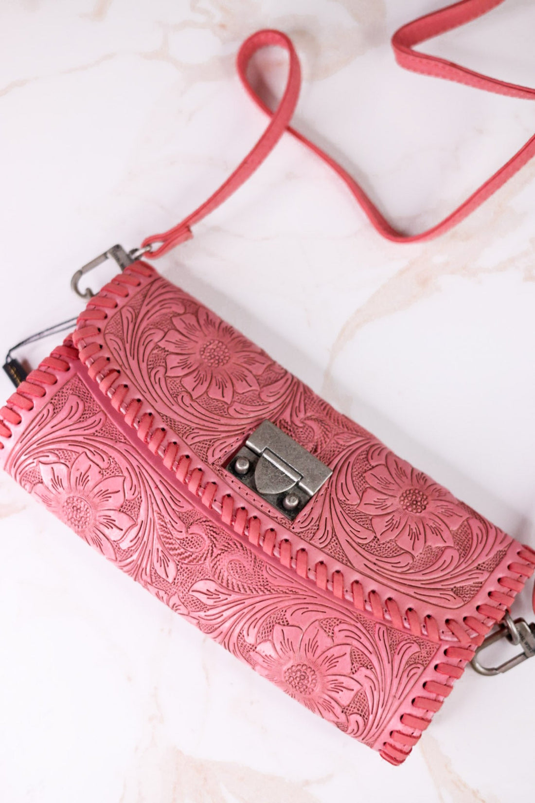 Pink Hand Tooled Leather & Calfskin Elena Mini Bag - Whiskey Skies - LOYAL WEST