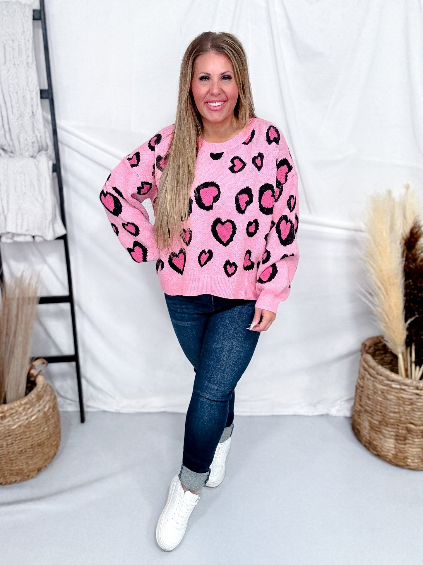 Pink Heart Leopard Print Sweater - Whiskey Skies - BIBI