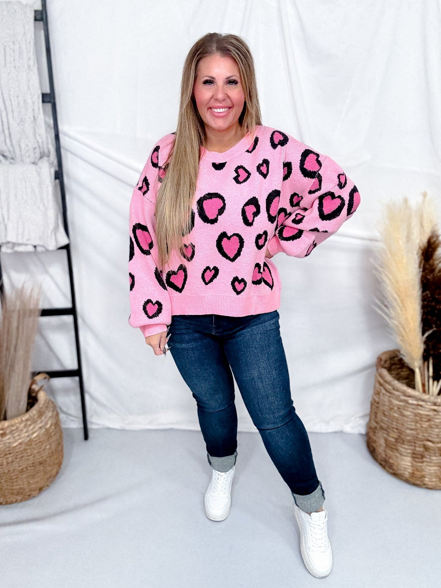 Pink Heart Leopard Print Sweater - Whiskey Skies - BIBI