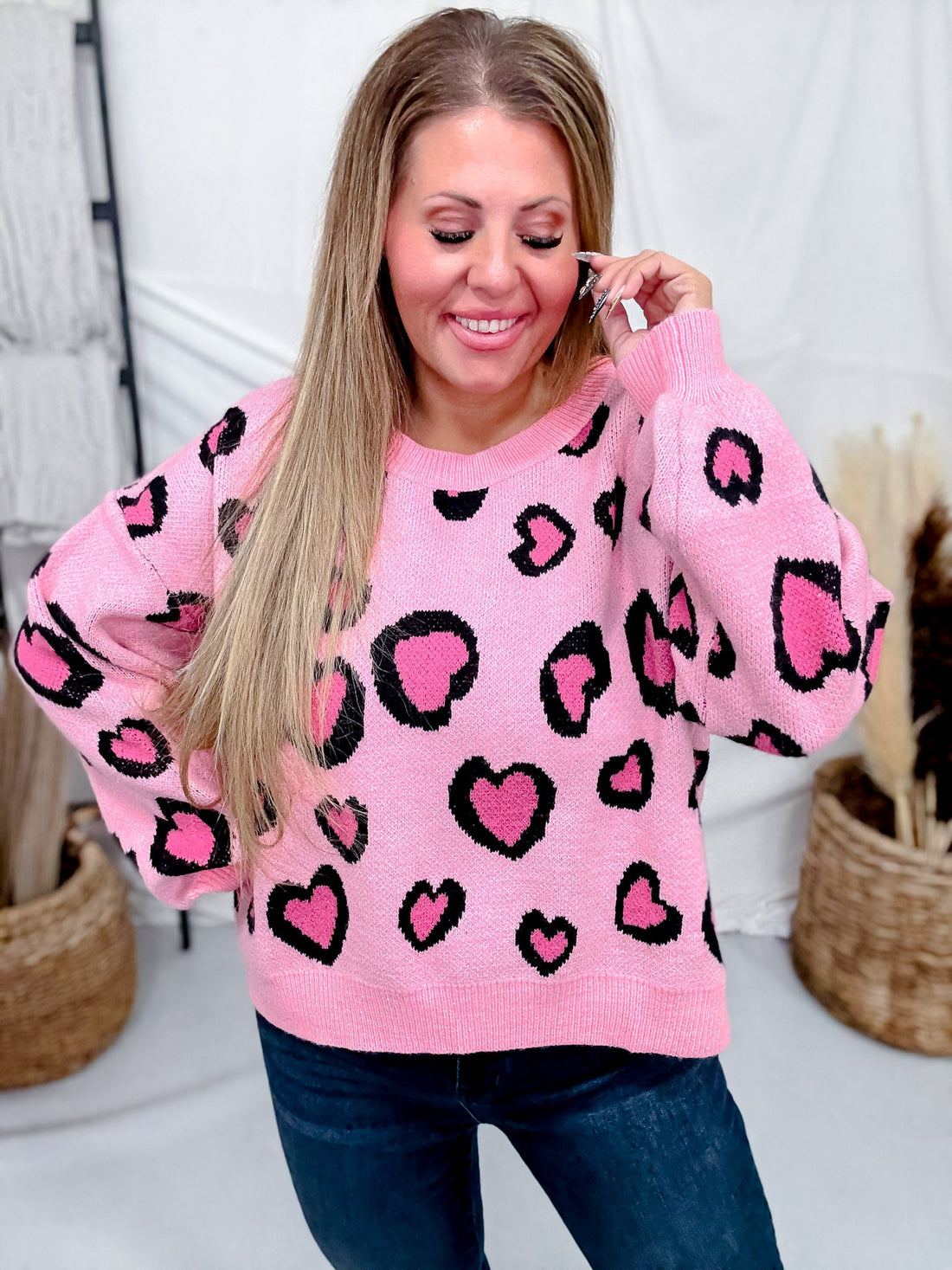 Pink Heart Leopard Print Sweater - Whiskey Skies - BIBI