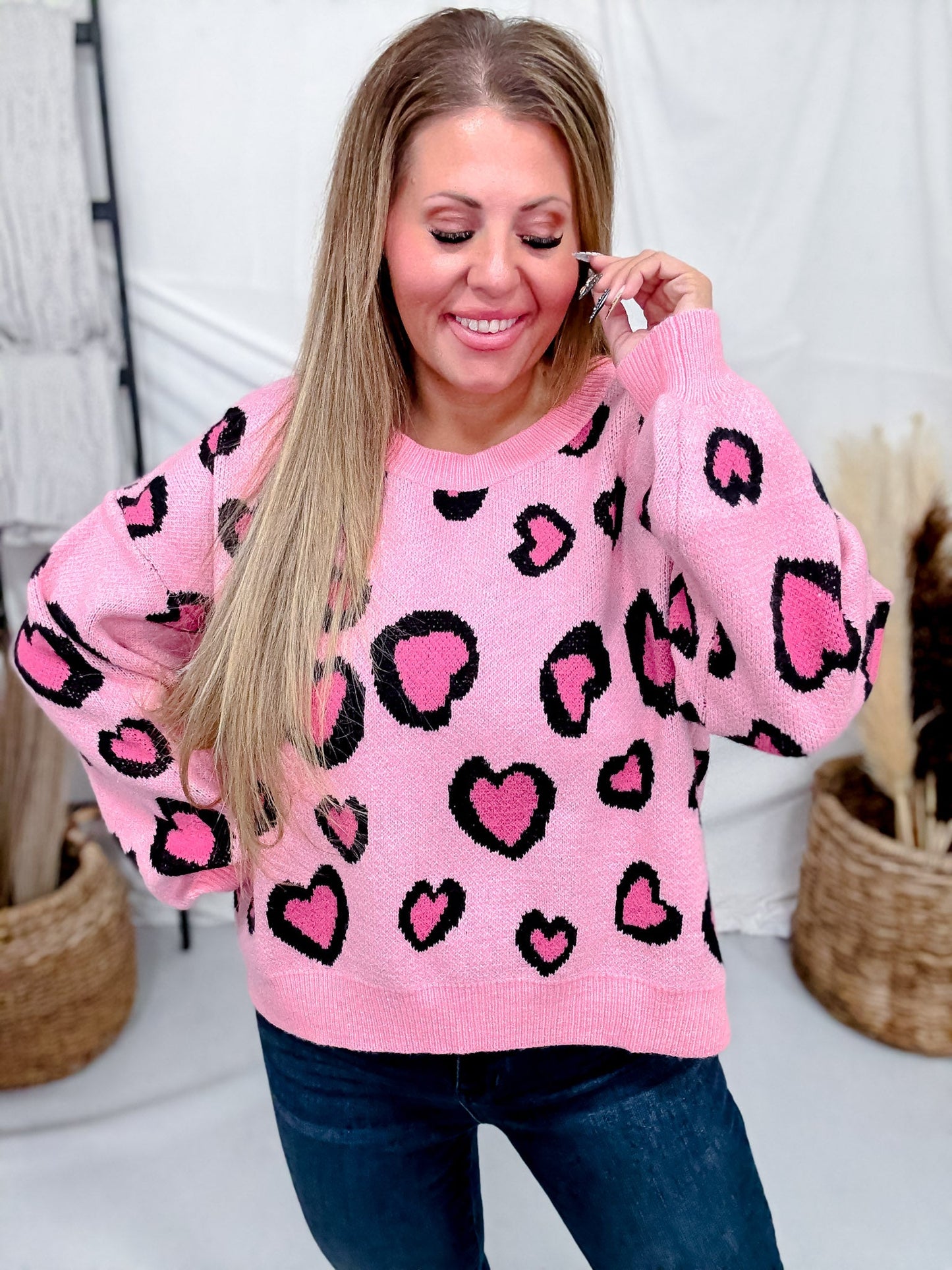 Pink Heart Leopard Print Sweater - Whiskey Skies - BIBI