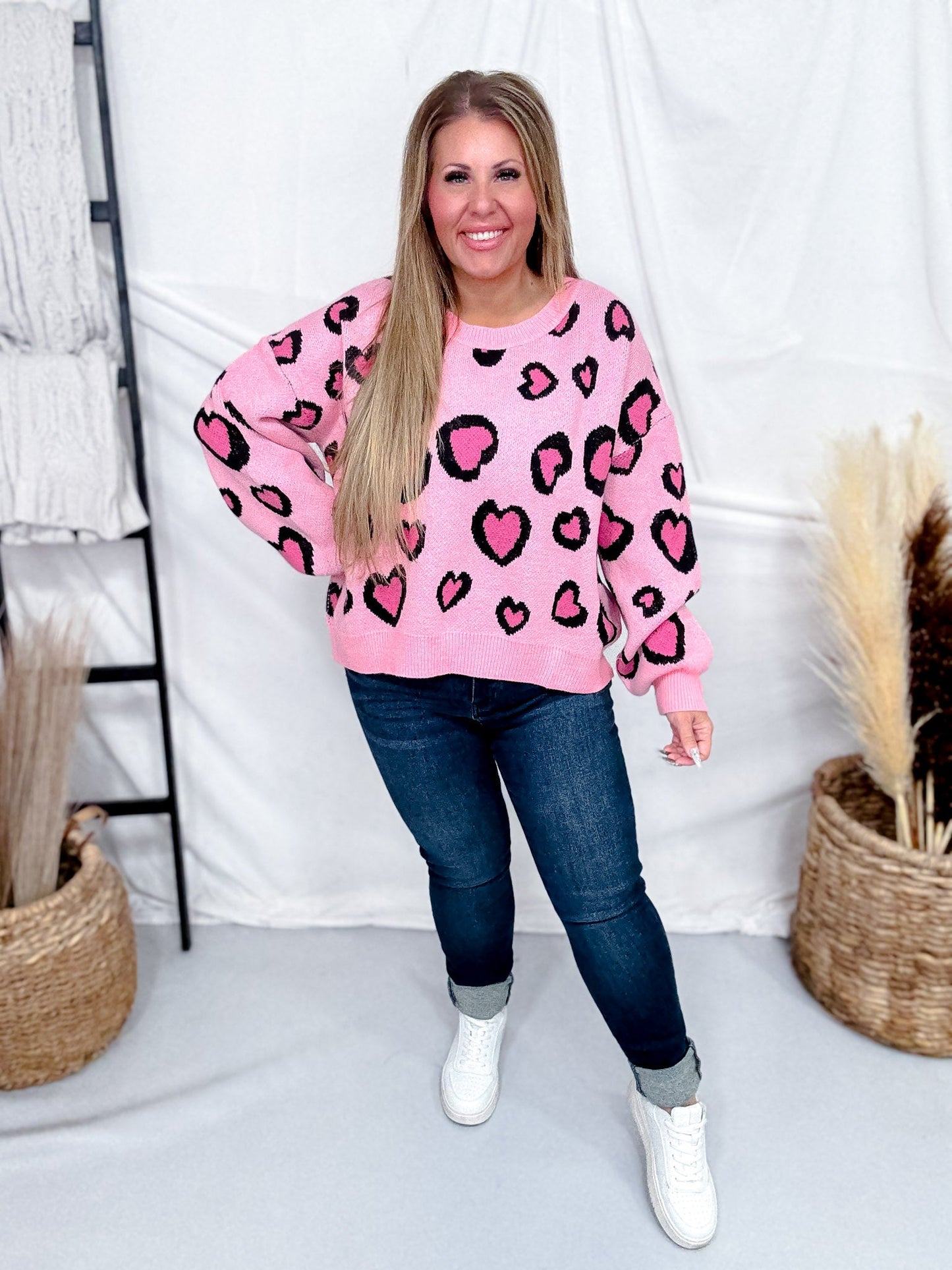Pink Heart Leopard Print Sweater - Whiskey Skies - BIBI