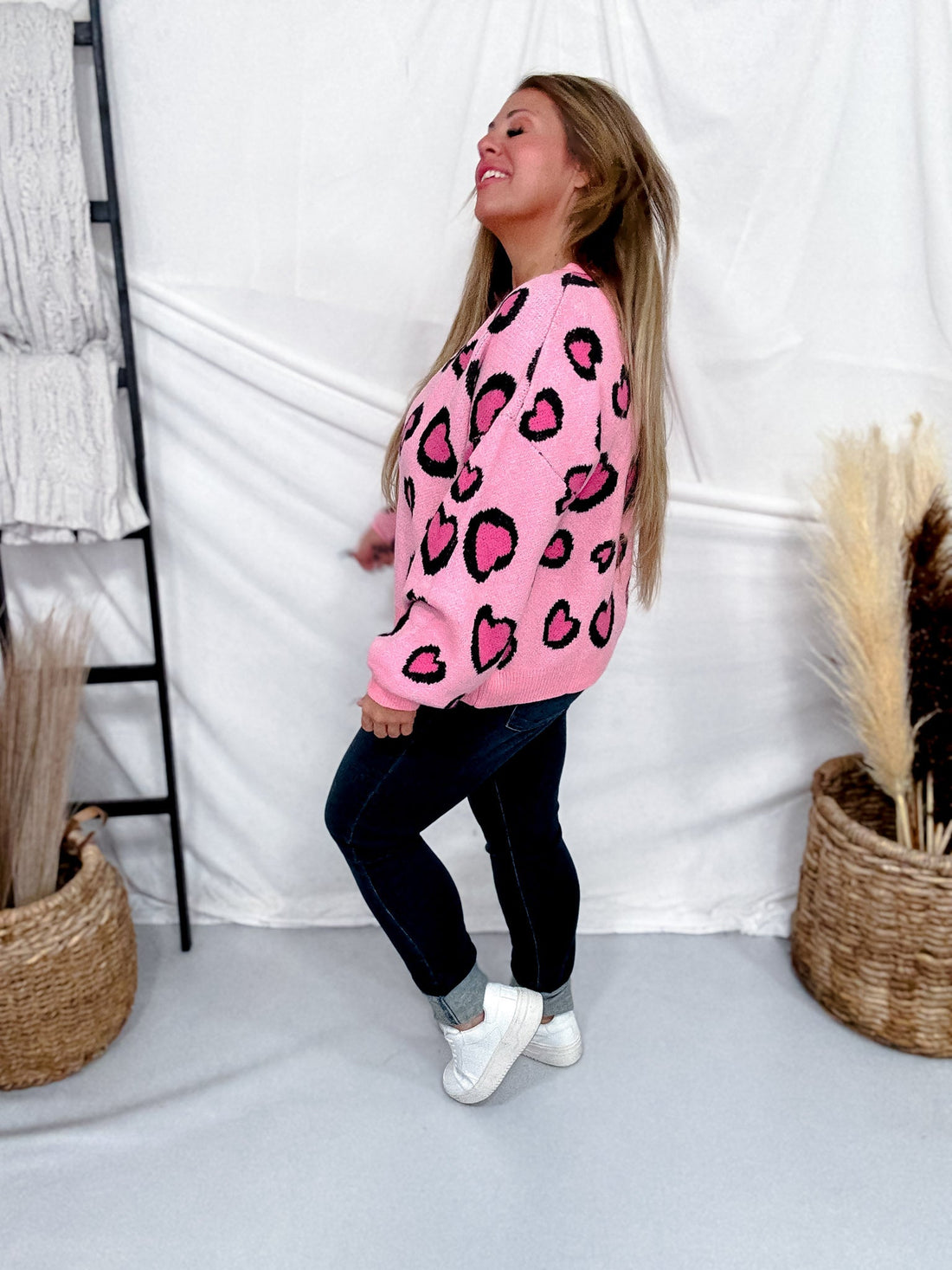 Pink Heart Leopard Print Sweater - Whiskey Skies - BIBI