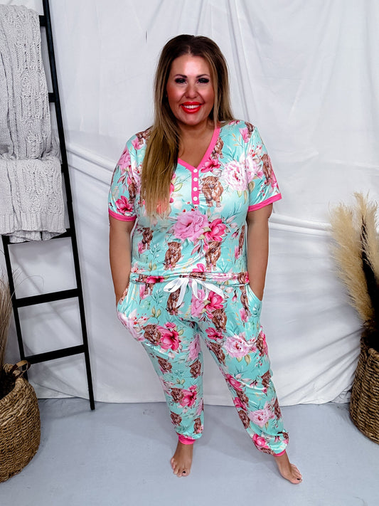 Pink Highland Cow & Floral Print Pajama Set - Whiskey Skies - SHIRLEY & STONE