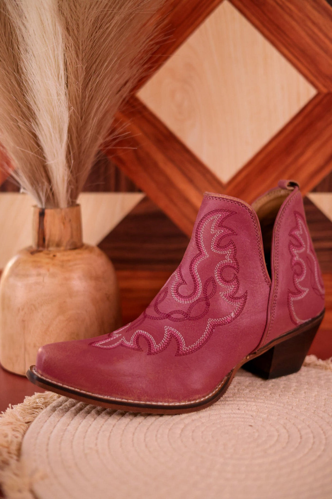 Pink Leather Stitched Booties - Whiskey Skies - MYRA BAGS