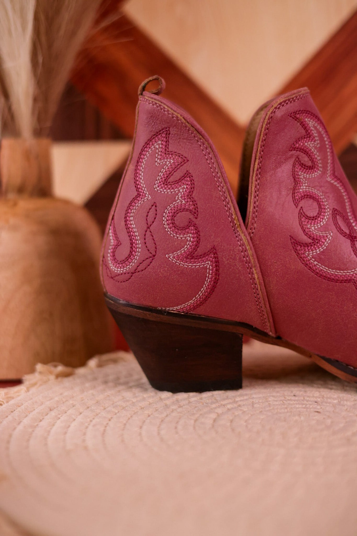 Pink Leather Stitched Booties - Whiskey Skies - MYRA BAGS