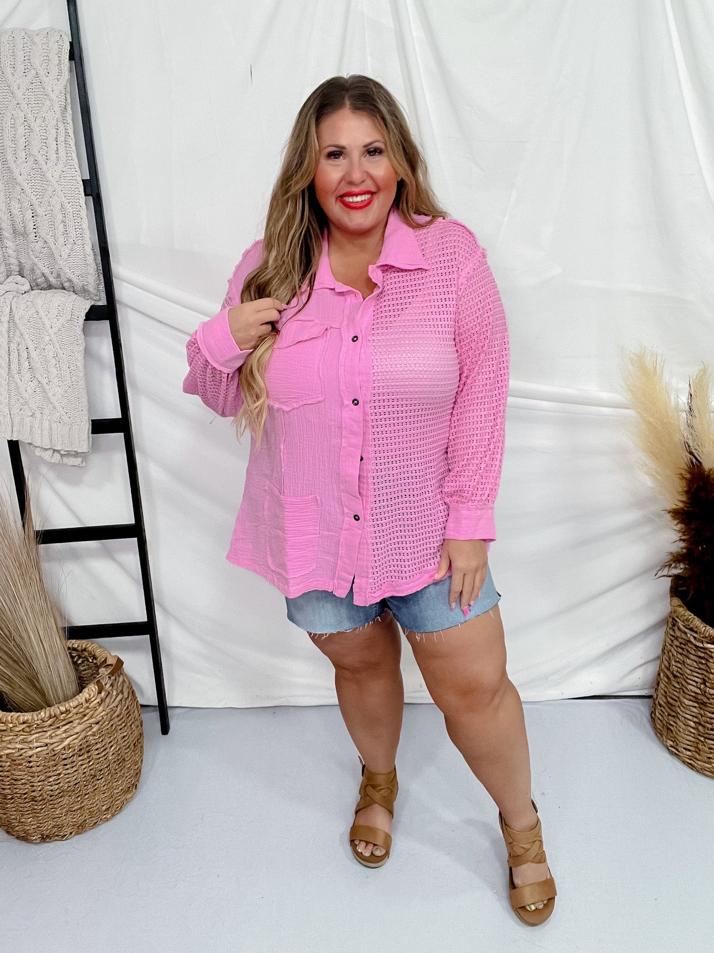 Pink Long Sleeve Crochet Knit Button Front Top - Whiskey Skies - ANDREE BY UNIT