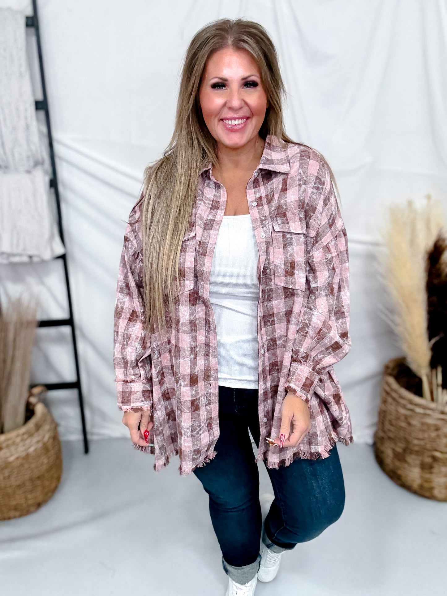Pink & Mauve Long Sleeve Lightweight Button Down Shacket - Whiskey Skies - WHITE BIRCH