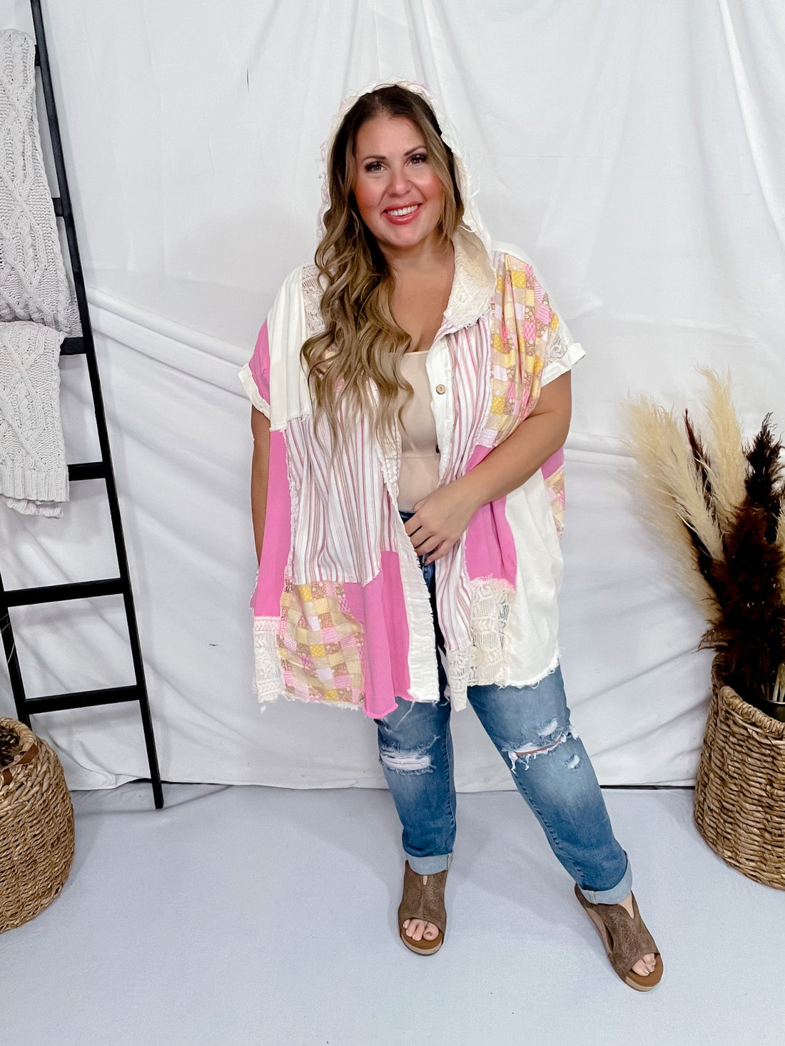 Pink Mixed Print Button Front Hooded Poncho - Whiskey Skies - BLUEVELVET