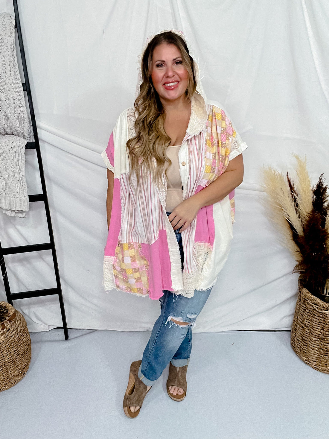 Pink Mixed Print Button Front Hooded Poncho - Whiskey Skies - BLUEVELVET