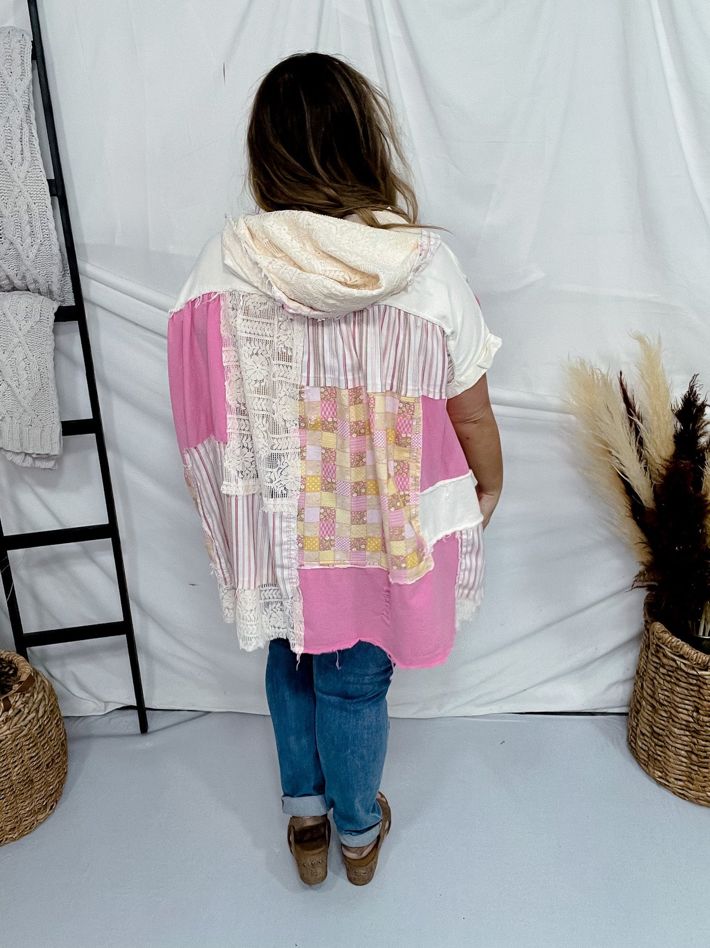 Pink Mixed Print Button Front Hooded Poncho - Whiskey Skies - BLUEVELVET