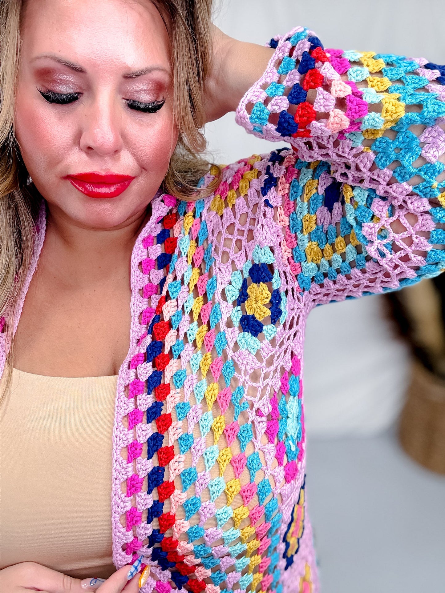 Pink Multi - Color Crochet Fringe Open Front Cardigan Duster - Whiskey Skies - SWEET GENERIS