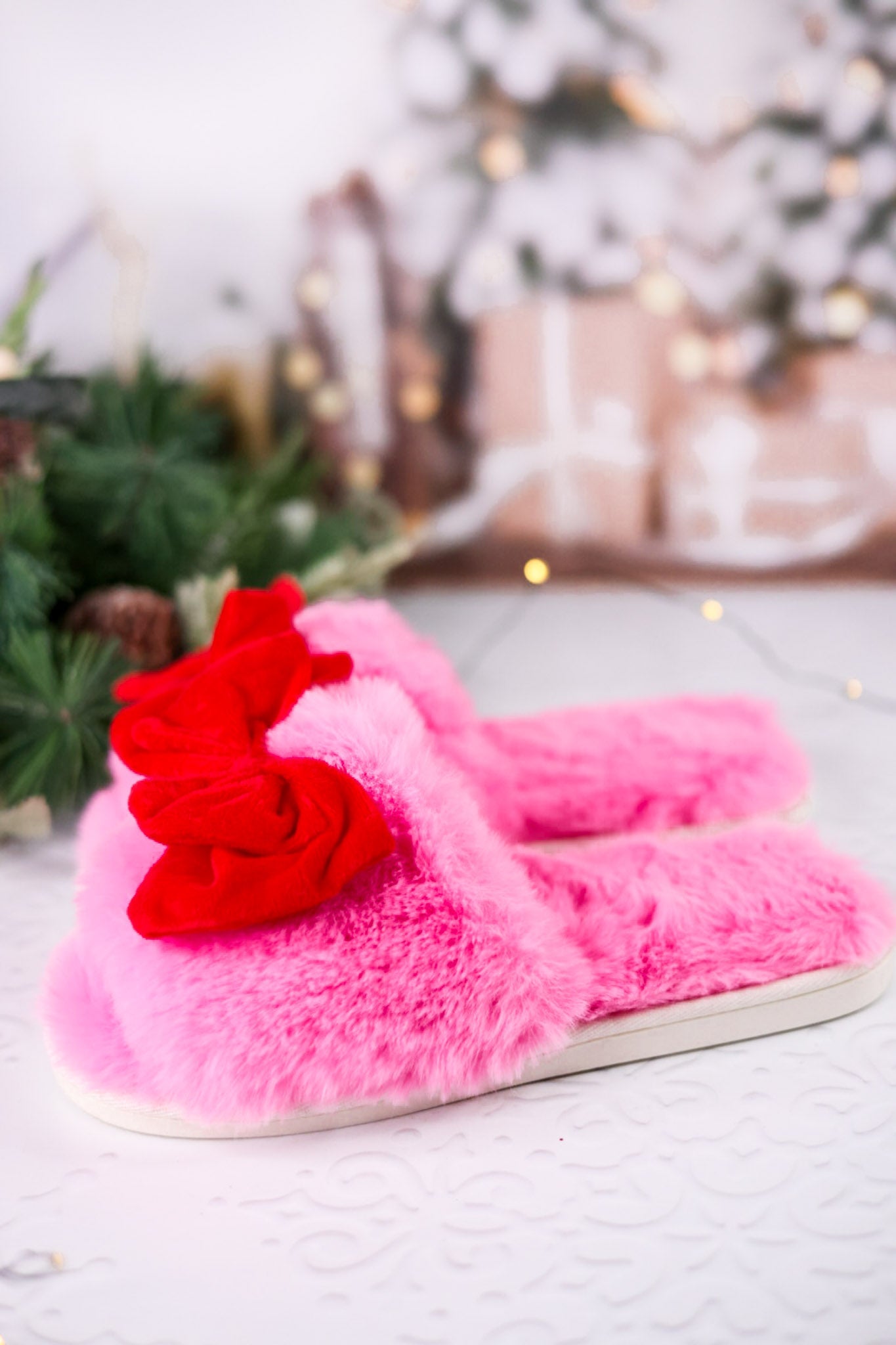 Pink Noelle Slippers W/ Red Bows - Whiskey Skies - SHIRALEAH