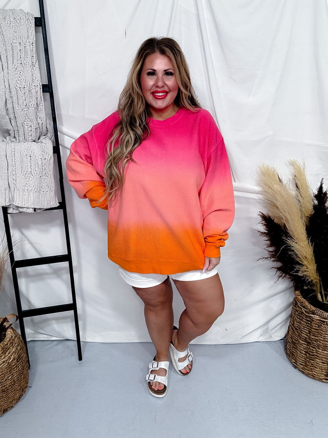 Pink & Orange Dip Dyed Corded Crew Neck Pullover - Whiskey Skies - MOON RYDER