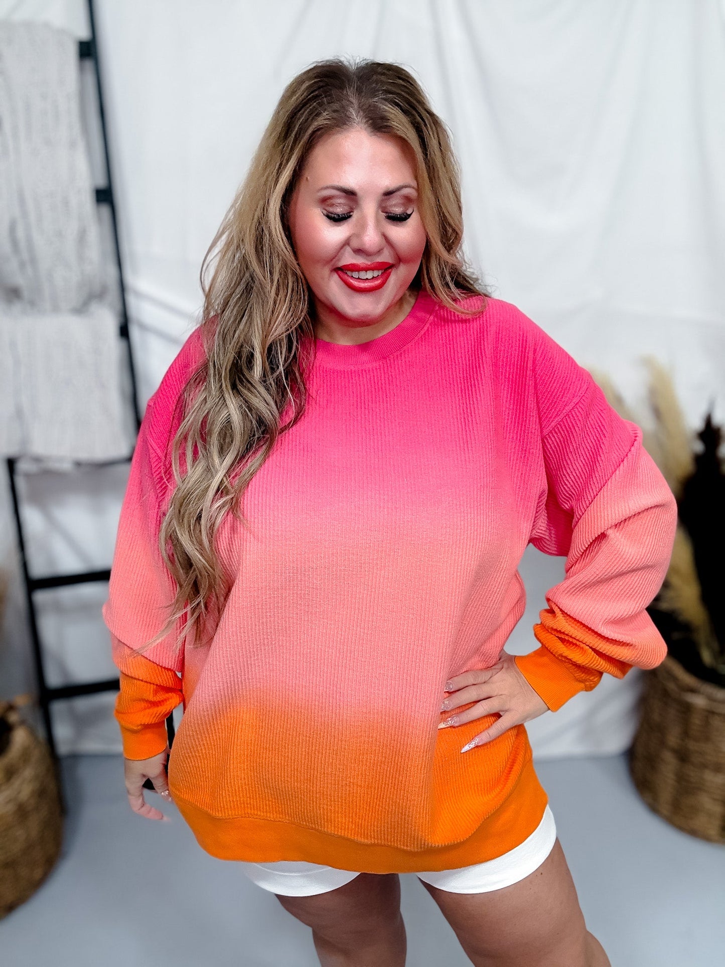 Pink & Orange Dip Dyed Corded Crew Neck Pullover - Whiskey Skies - MOON RYDER