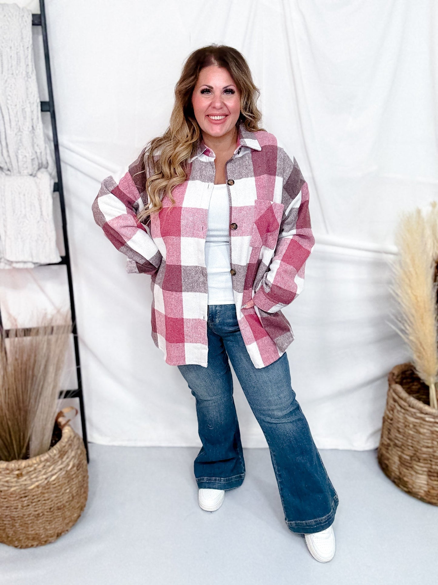 Pink Plaid Button Down Flannel Shacket - Whiskey Skies - SWEET GENERIS