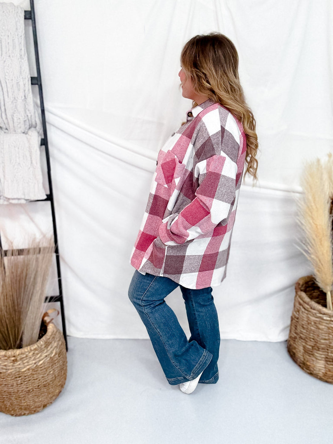 Pink Plaid Button Down Flannel Shacket - Whiskey Skies - SWEET GENERIS