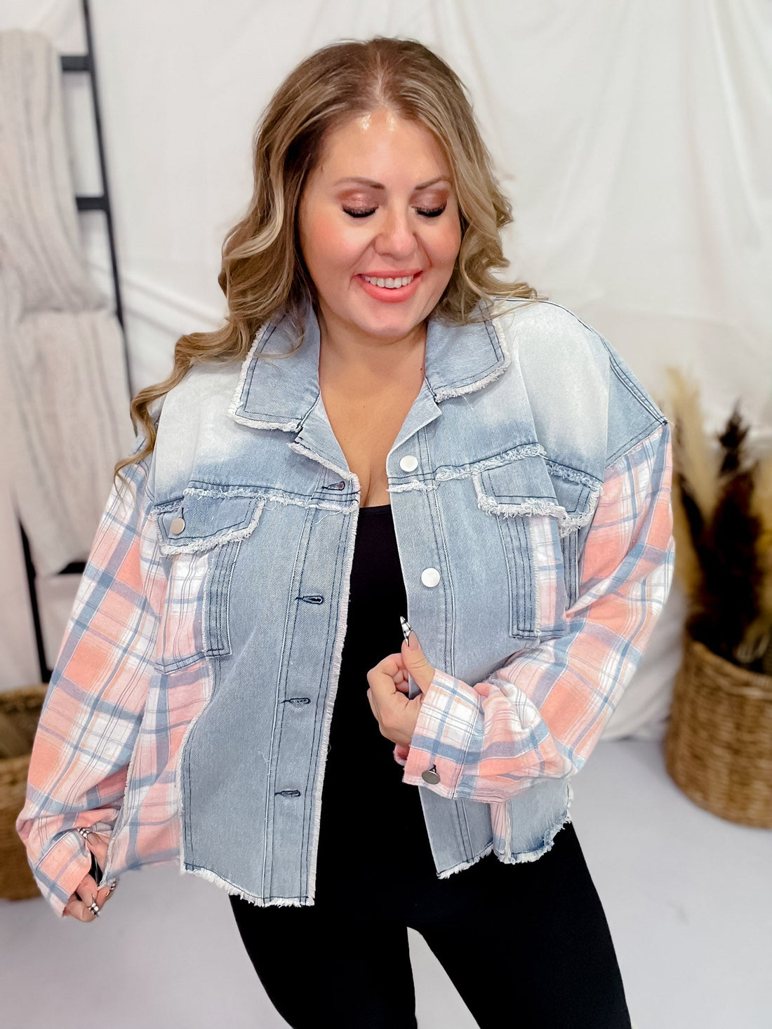 Pink Plaid Distressed Denim Hem - line Jacket - Whiskey Skies - J.NNA