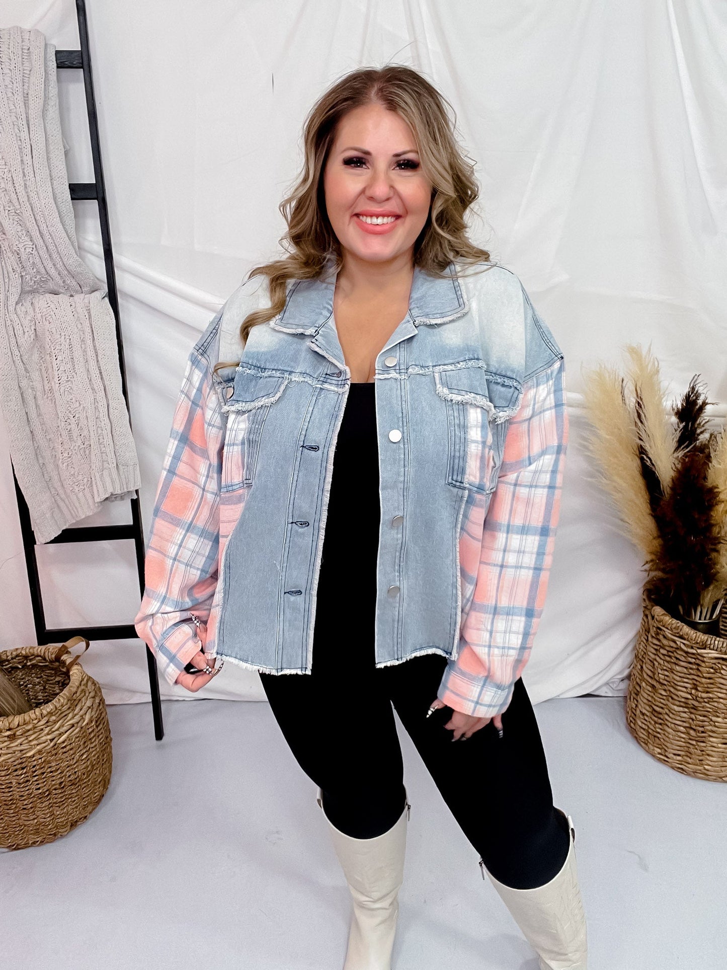 Pink Plaid Distressed Denim Hem - line Jacket - Whiskey Skies - J.NNA