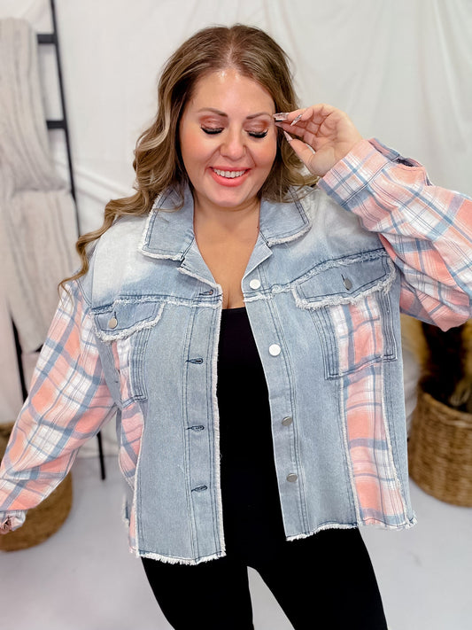 Pink Plaid Distressed Denim Hem - line Jacket - Whiskey Skies - J.NNA