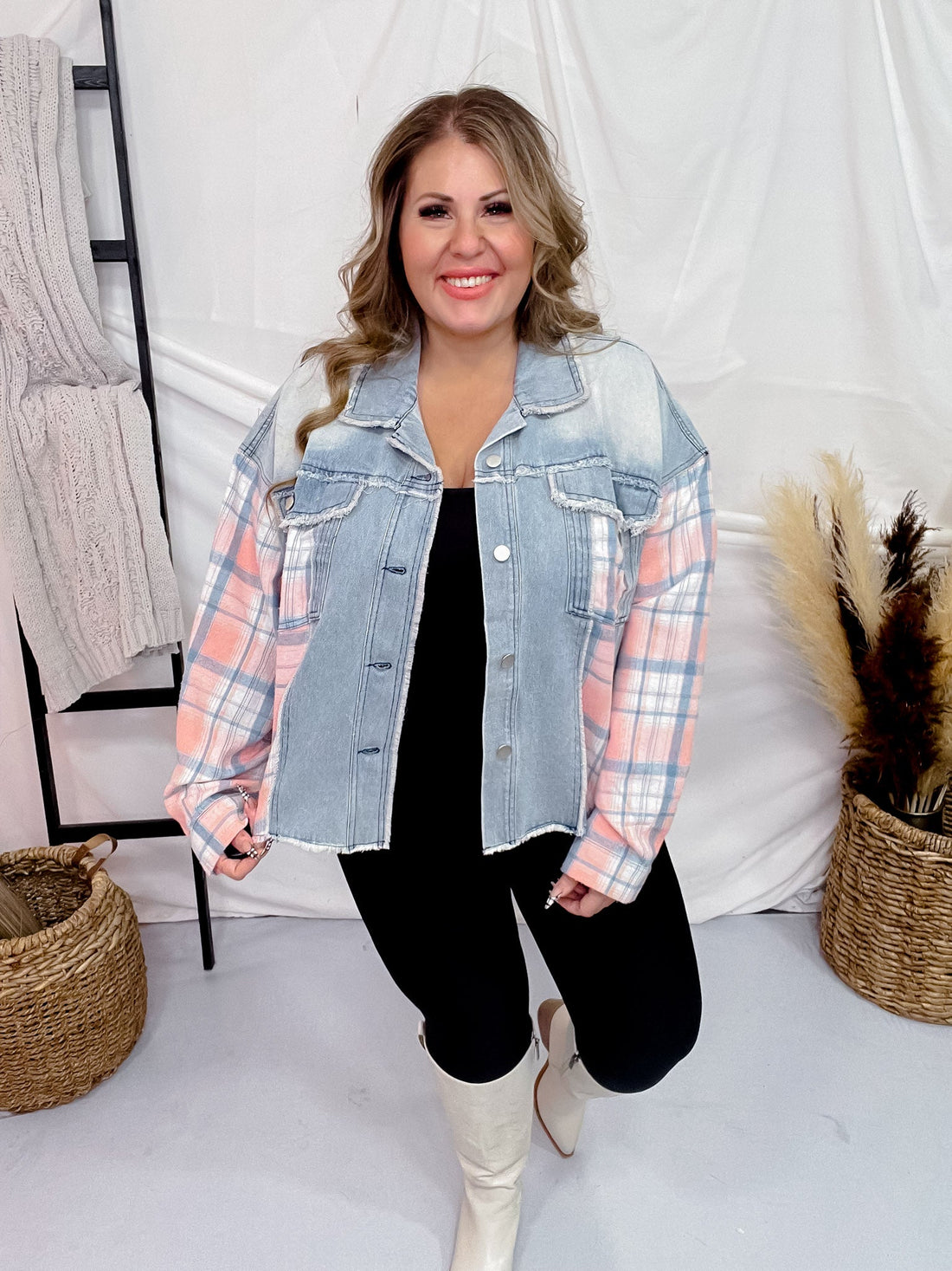 Pink Plaid Distressed Denim Hem - line Jacket - Whiskey Skies - J.NNA