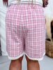 Pink Plaid Drawstring Shorts With Lace Trim - Whiskey Skies - ODDI