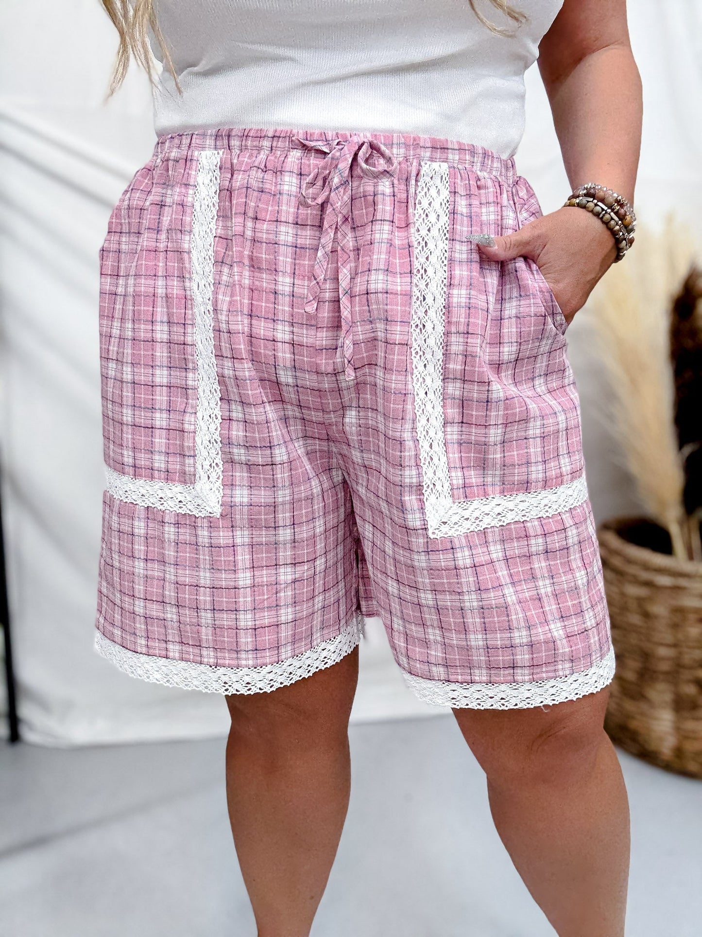 Pink Plaid Drawstring Shorts With Lace Trim - Whiskey Skies - ODDI