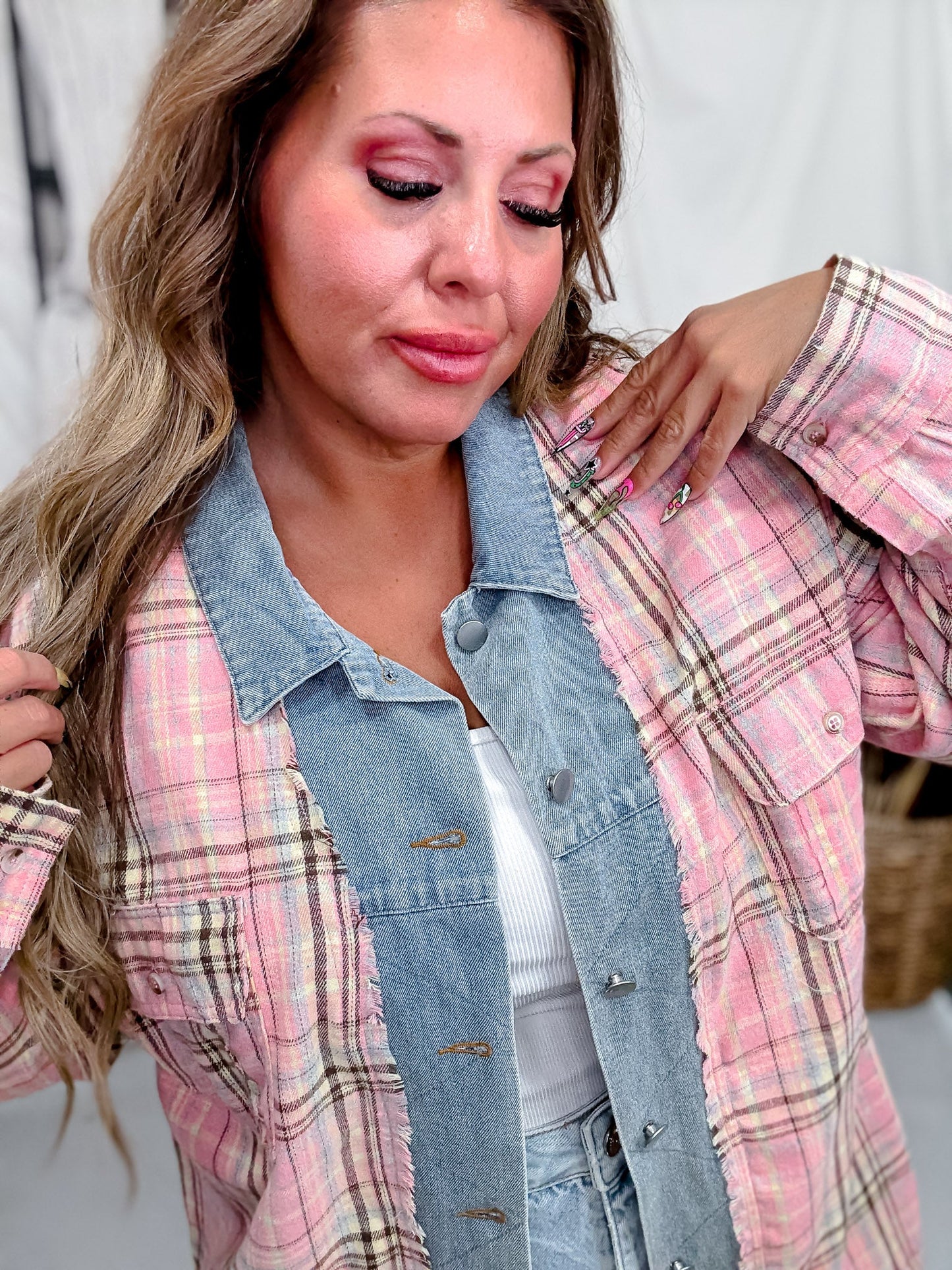 Pink Plaid Hi - Lo Flannel with Denim Collar - Whiskey Skies - WHITE BIRCH