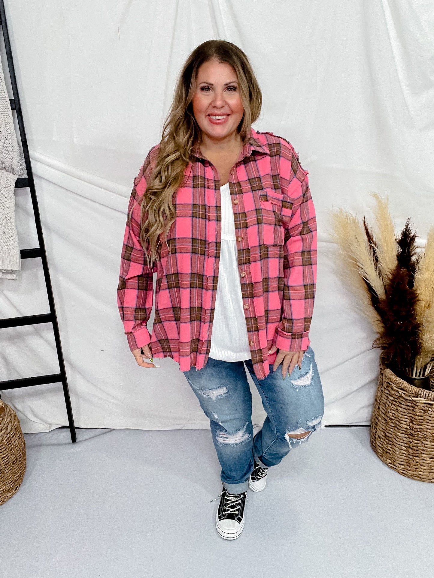 Pink Plaid Washed Flannel Shirt with Frayed Hem - Whiskey Skies - WHITE BIRCH