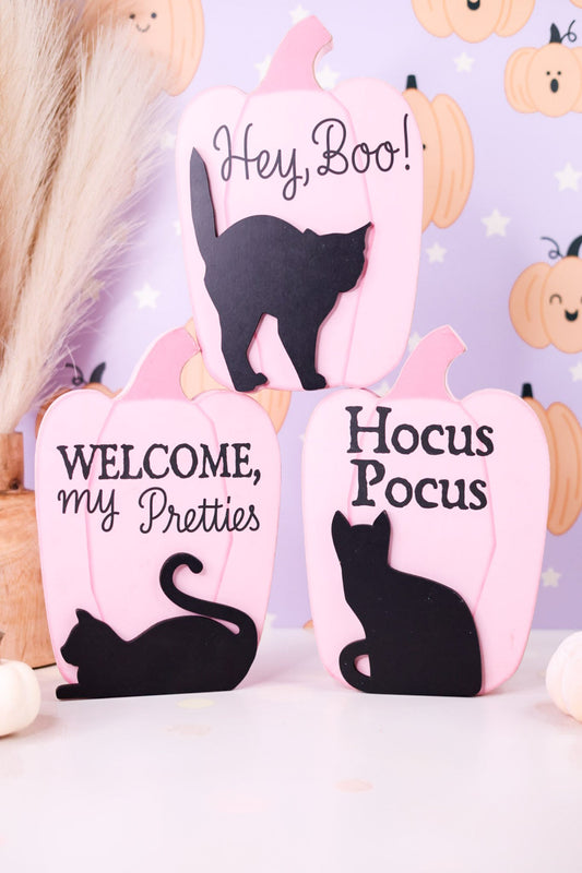 Pink Pumpkin With Black Cat Wooden Sitters (3 Styles) - Whiskey Skies - YOUNG'S INC