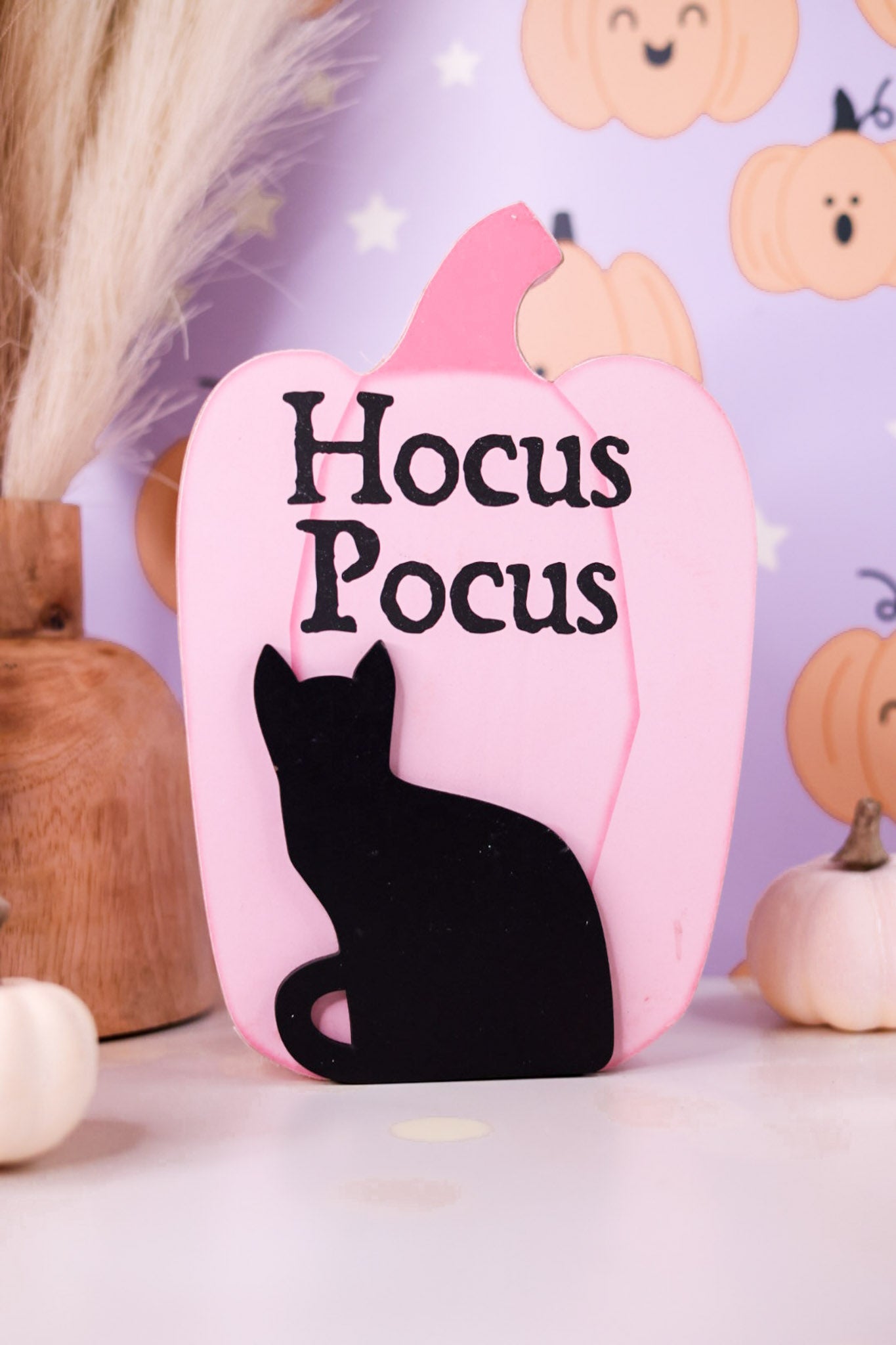 Pink Pumpkin With Black Cat Wooden Sitters (3 Styles) - Whiskey Skies - YOUNG'S INC