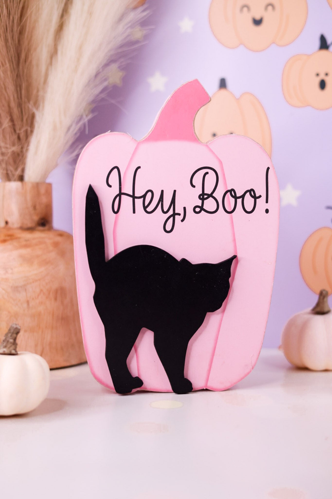 Pink Pumpkin With Black Cat Wooden Sitters (3 Styles) - Whiskey Skies - YOUNG'S INC