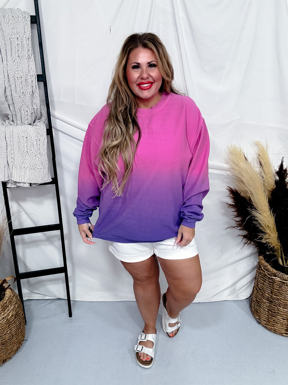 Pink & Purple Dip Dyed Corded Crew Sweatshirt - Whiskey Skies - MOON RYDER