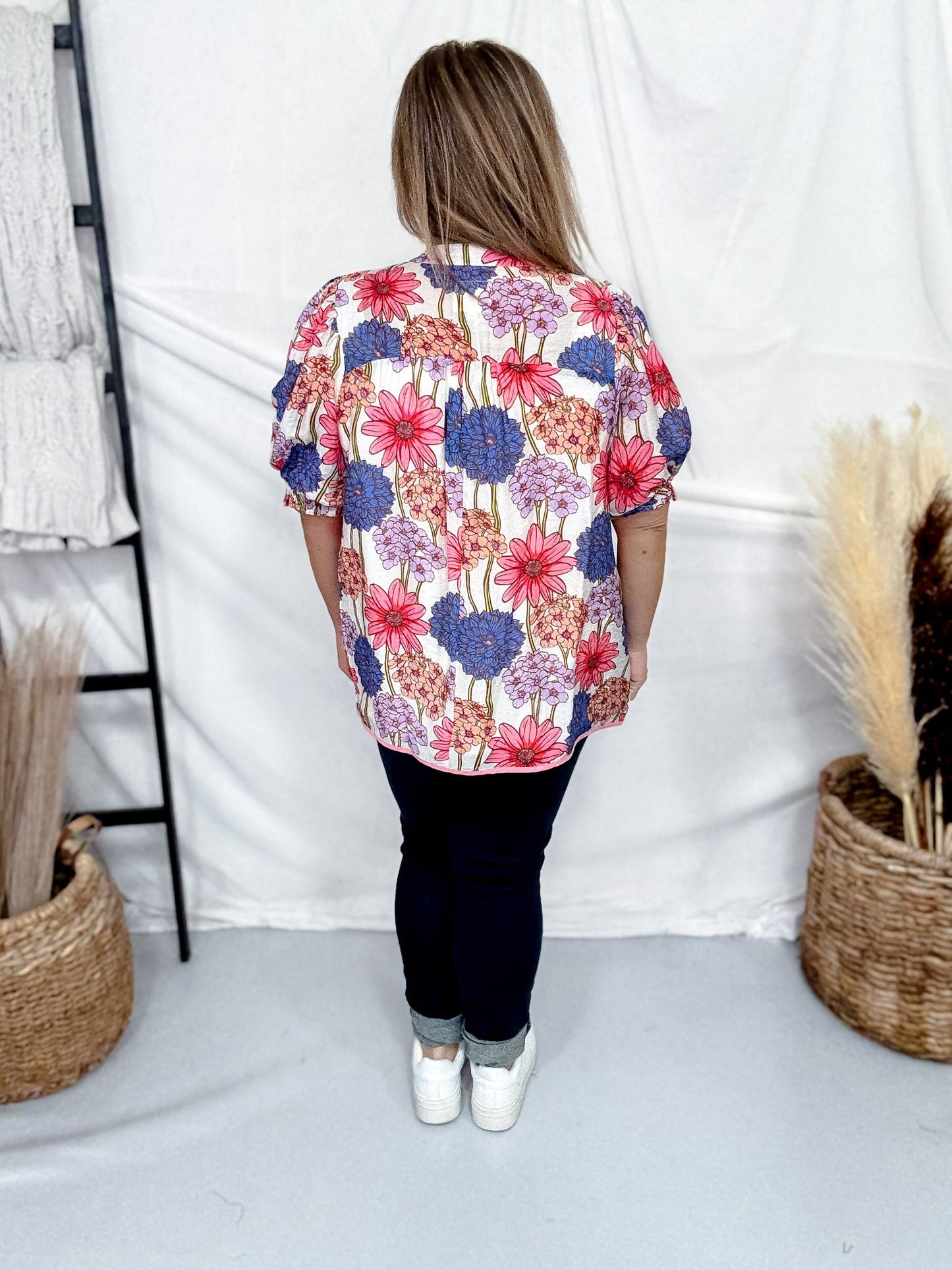 Pink & Purple Floral Print Split V - Neck Top With Puff Sleeves - Whiskey Skies - UMGEE