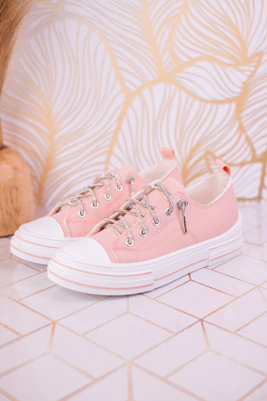 Pink Rhinestone Laced Sneakers - Whiskey Skies - VERY G