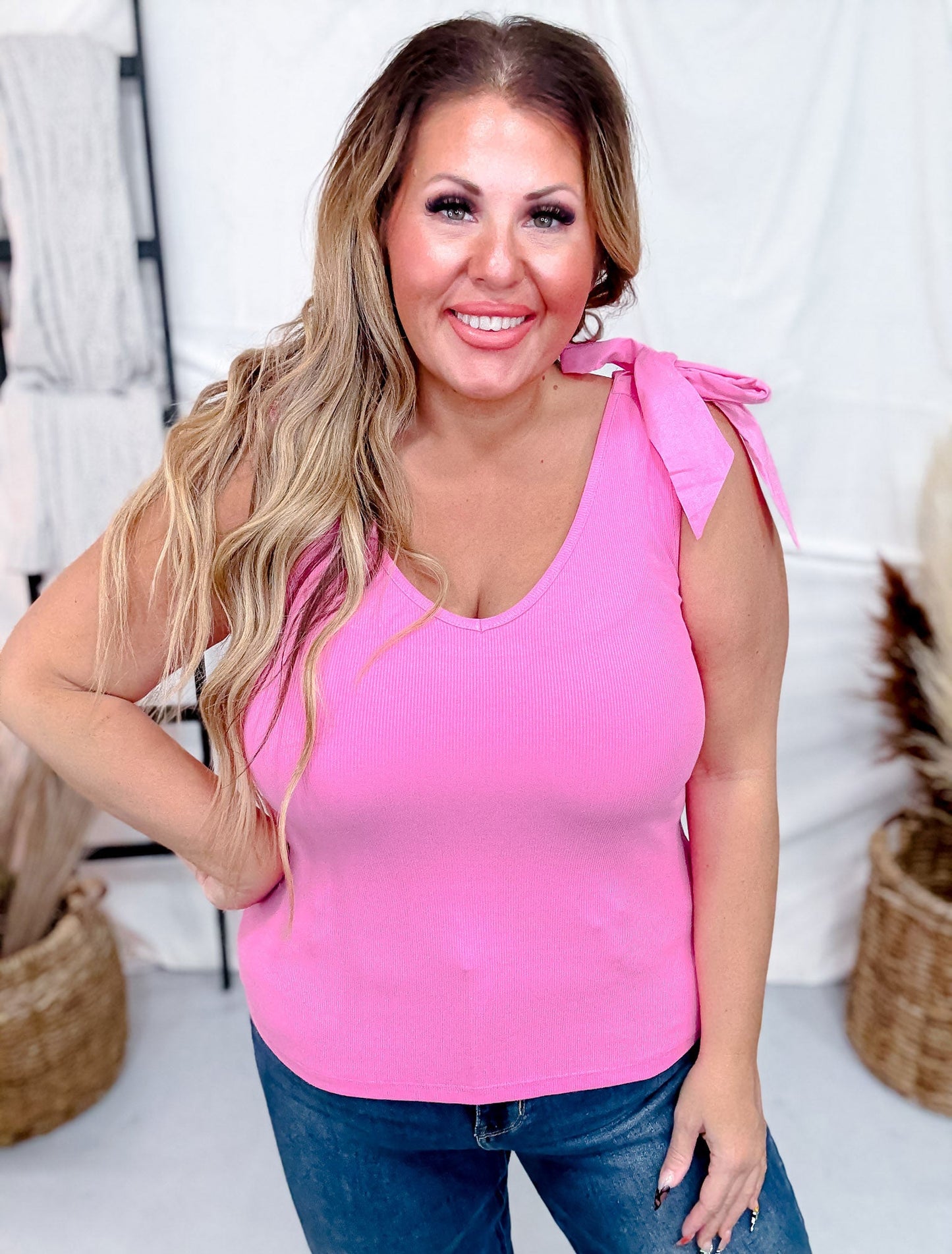 Pink Ribbed Shoulder Tie Tank Top - Whiskey Skies - BIBI
