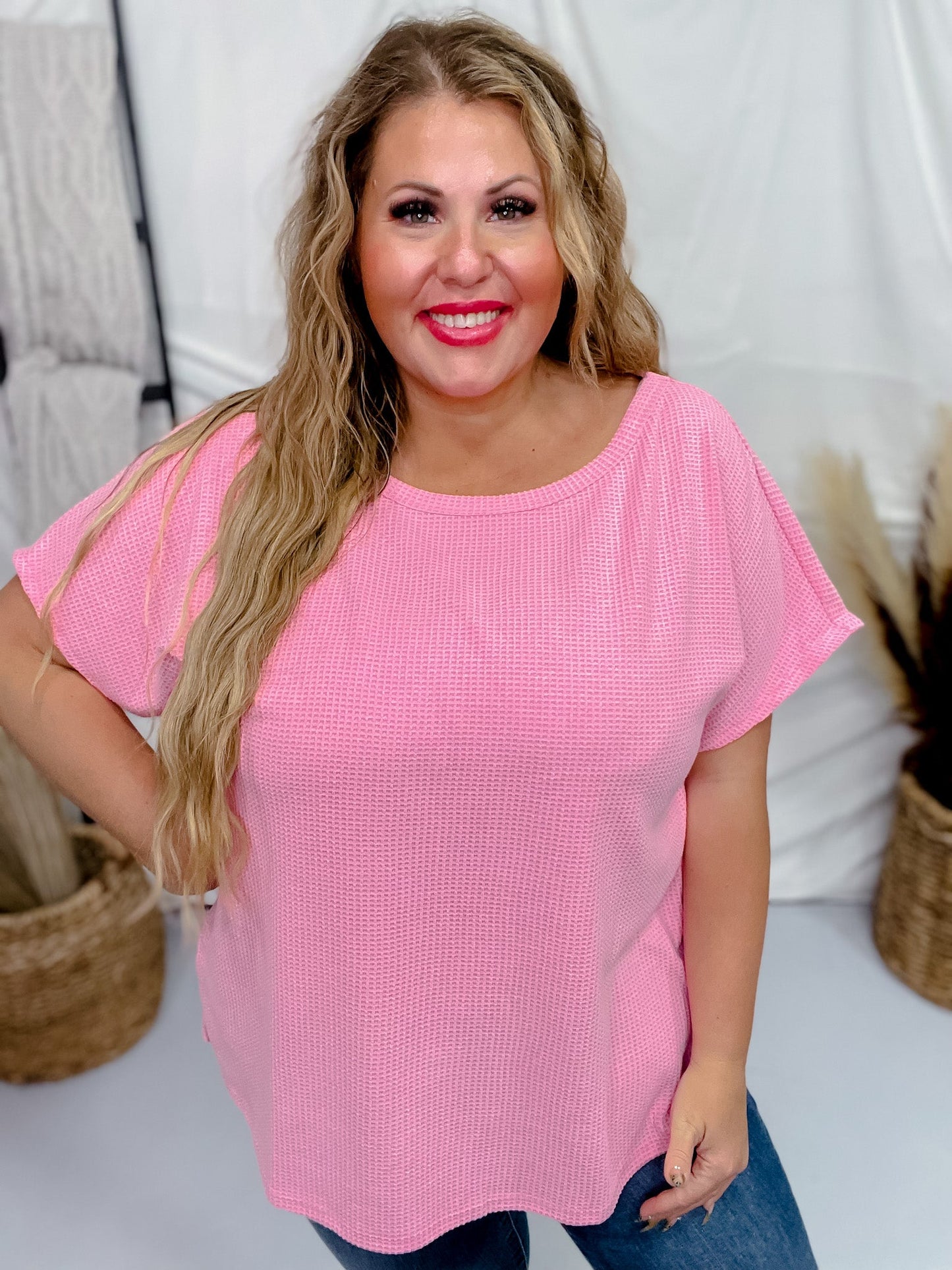 Pink Short Sleeve Waffle Tunic Top - Whiskey Skies - ANDREE BY UNIT