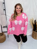 Pink & White Bow Pattern Long Sleeve Sweater - Whiskey Skies - J.NNA