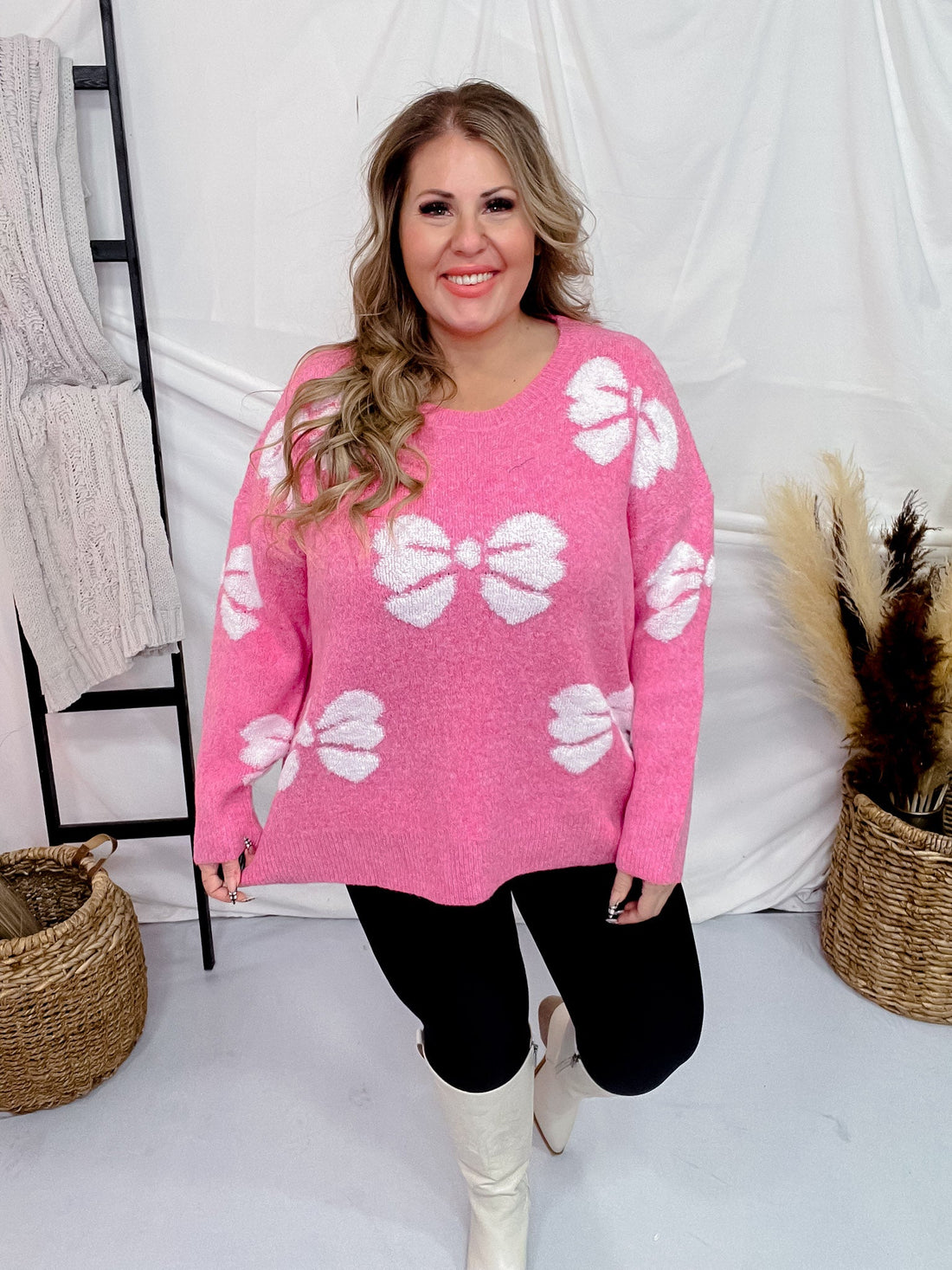 Pink & White Bow Pattern Long Sleeve Sweater - Whiskey Skies - J.NNA