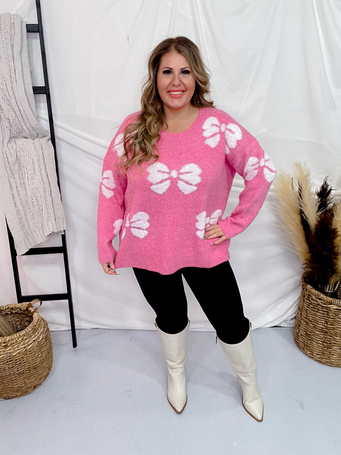 Pink & White Bow Pattern Long Sleeve Sweater - Whiskey Skies - J.NNA