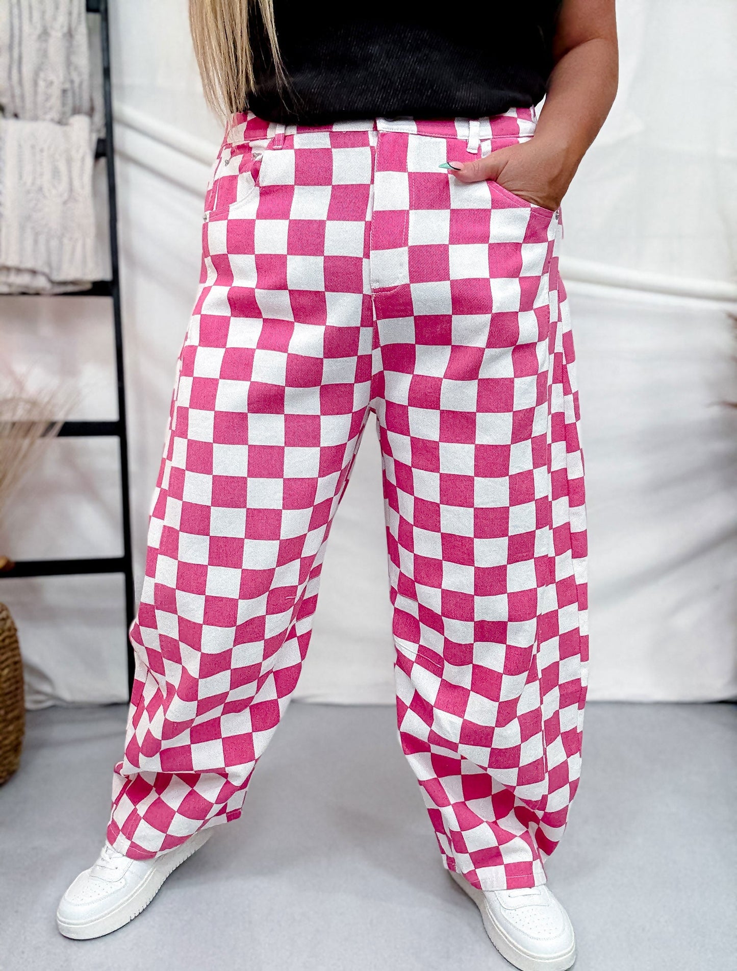 Pink & White Checkered Barrel Leg Pants - Whiskey Skies - ODDI