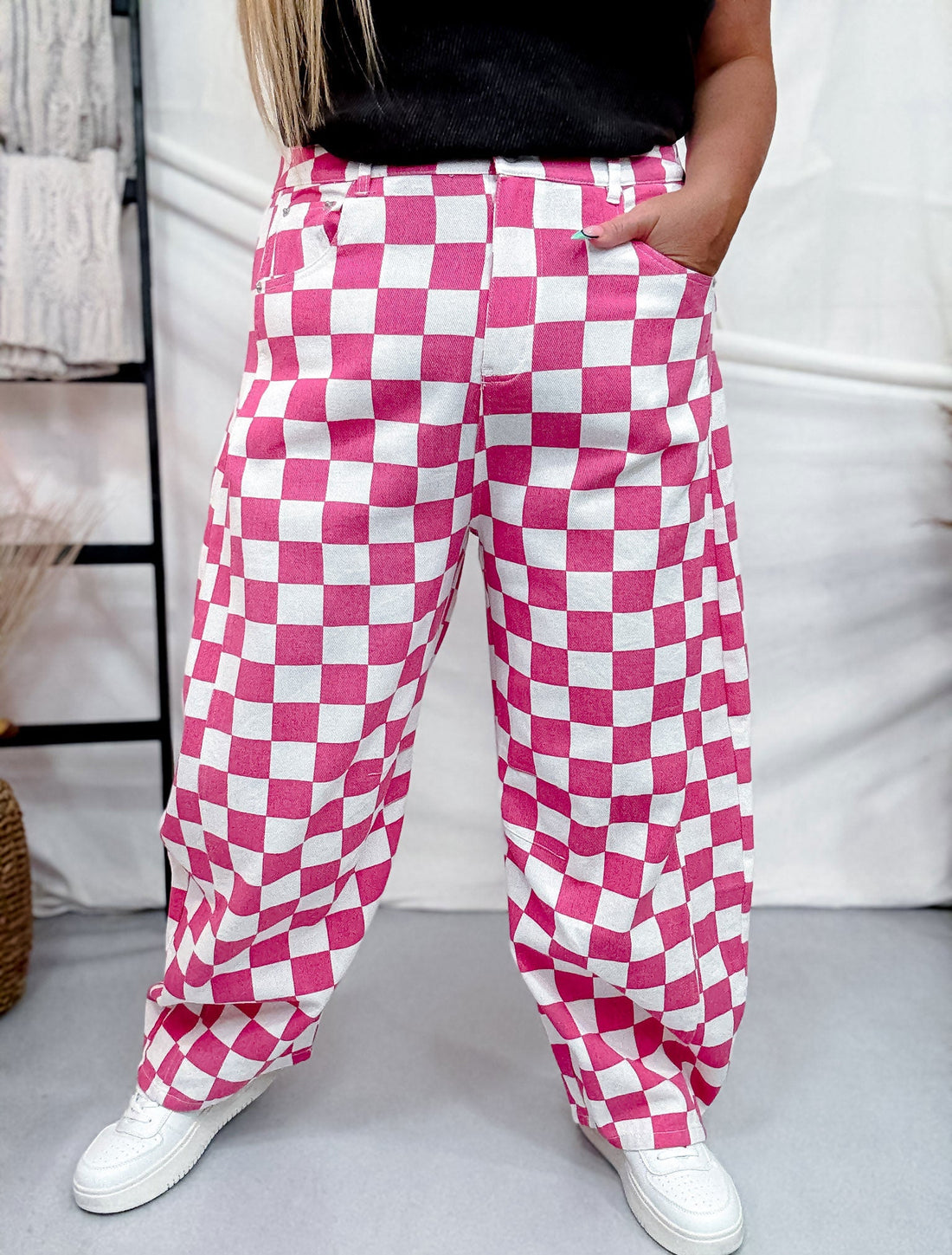 Pink & White Checkered Barrel Leg Pants - Whiskey Skies - ODDI