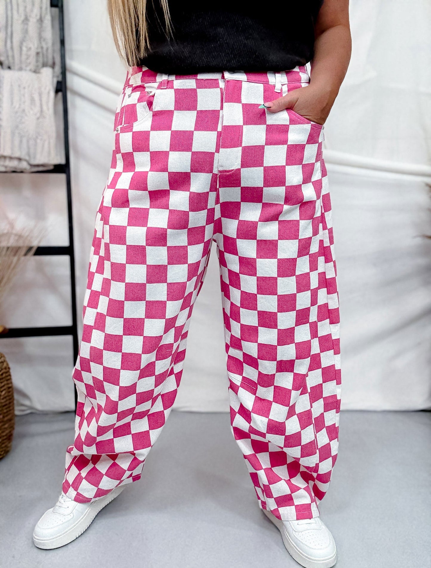 Pink & White Checkered Barrel Leg Pants - Whiskey Skies - ODDI
