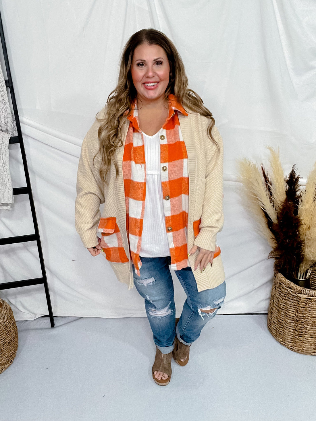 Plaid Button Down Detailed Sweater Cardigan - Whiskey Skies - AND THE WHY